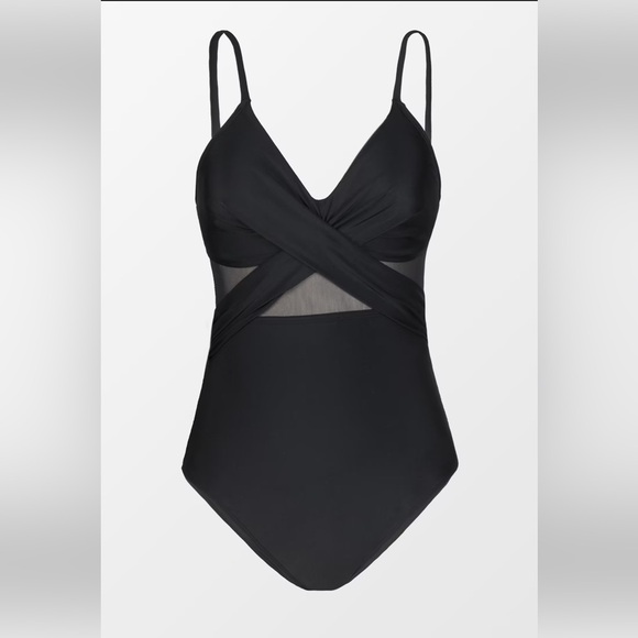 Forest Adventure Solid Mesh Wrap Front Cutout Black One Piece Swimsuit XL-1X - Picture 4 of 6
